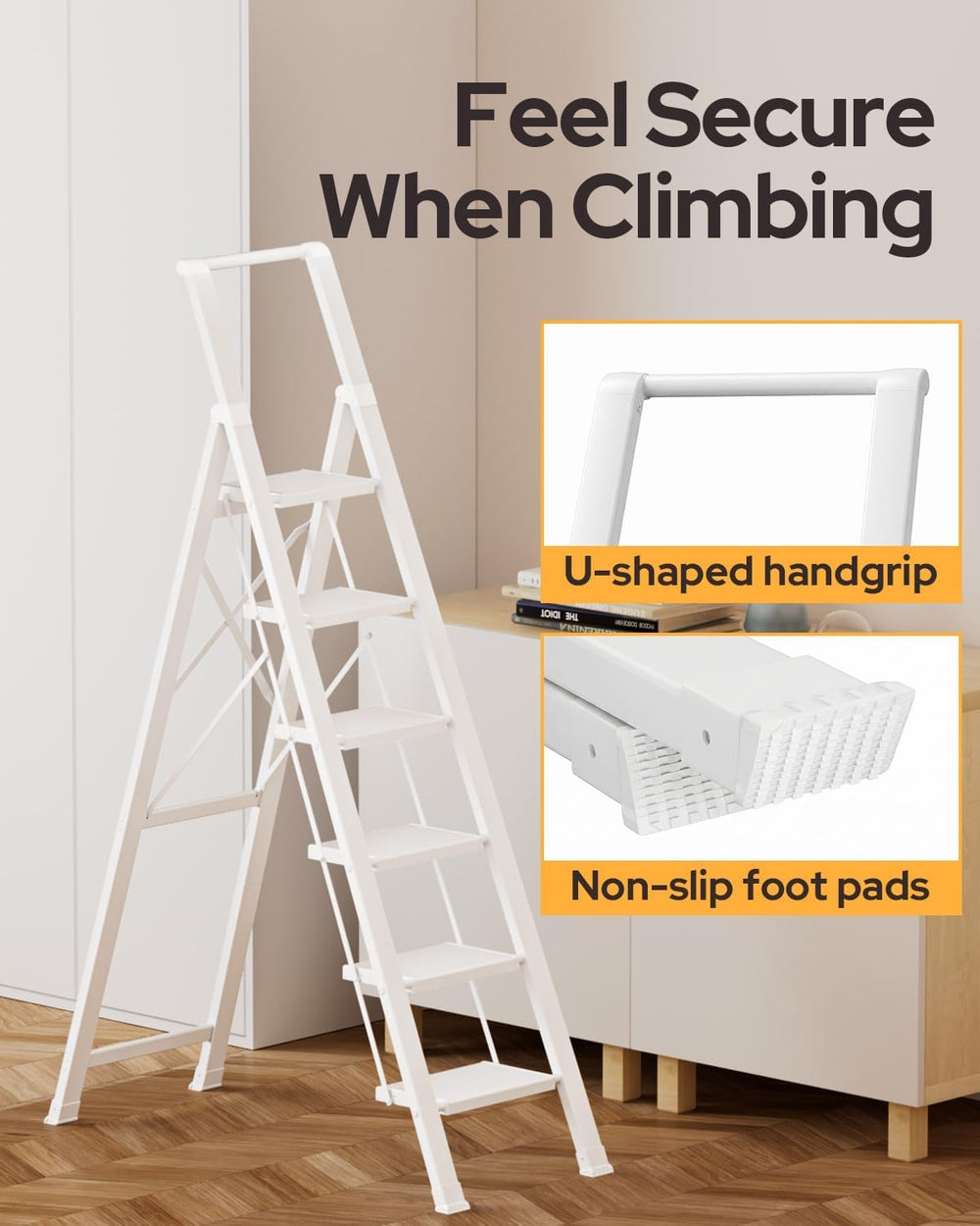 6 Step Ladder, Foldable 6 Step Stool, White