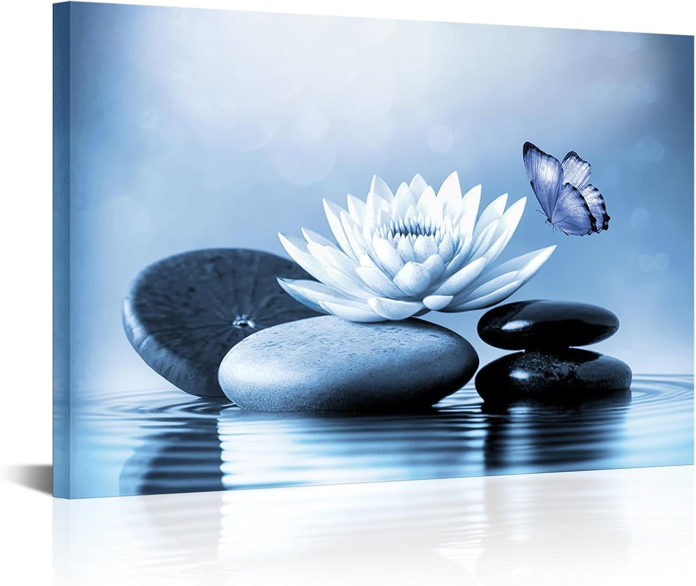 VANSEEING Zen Canvas Wall Art Blue Lotus Flowers Stones Butterfly on Water Li...