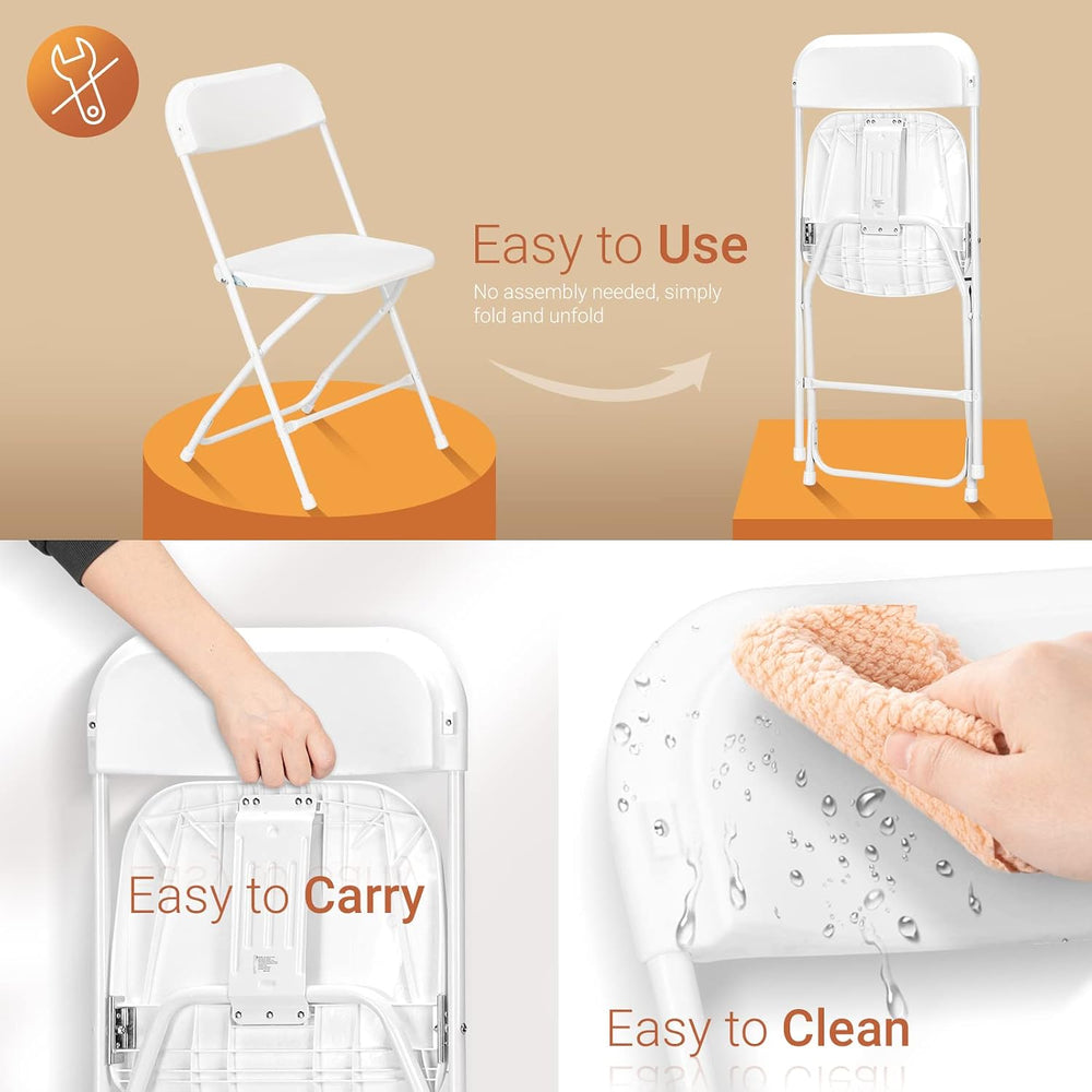 FCH White Folding Chair,Foldable Metal Frame with Solid Plastic Seat, Portabl...