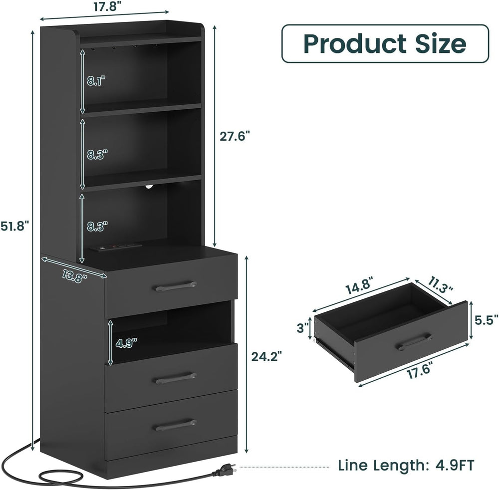 AOGLLATI Tall Night Stand Set of 2 with Charging Station and LED Lights, Blac...