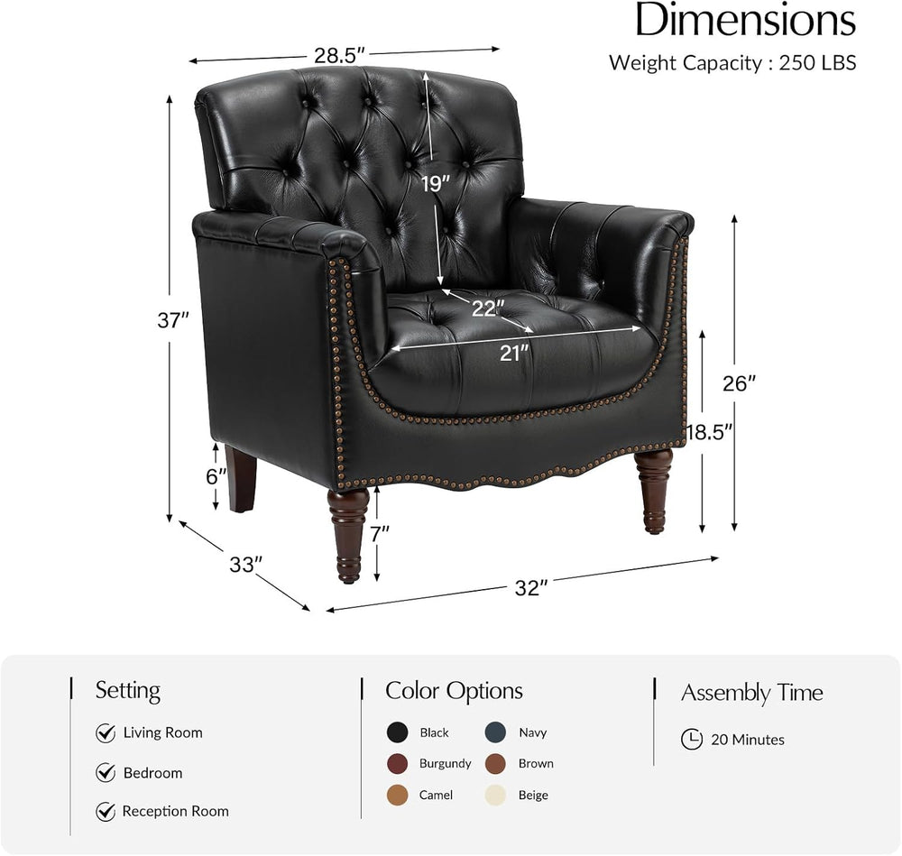 HULALA HOME Mid Century Modern Genuine Leather Accent Chair, Black