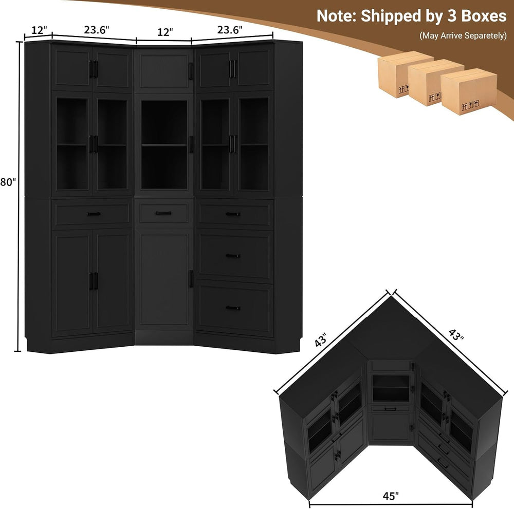 Unikito 80" Tall Corner Pantry Cabinet with Soft Close Doors with Drawers