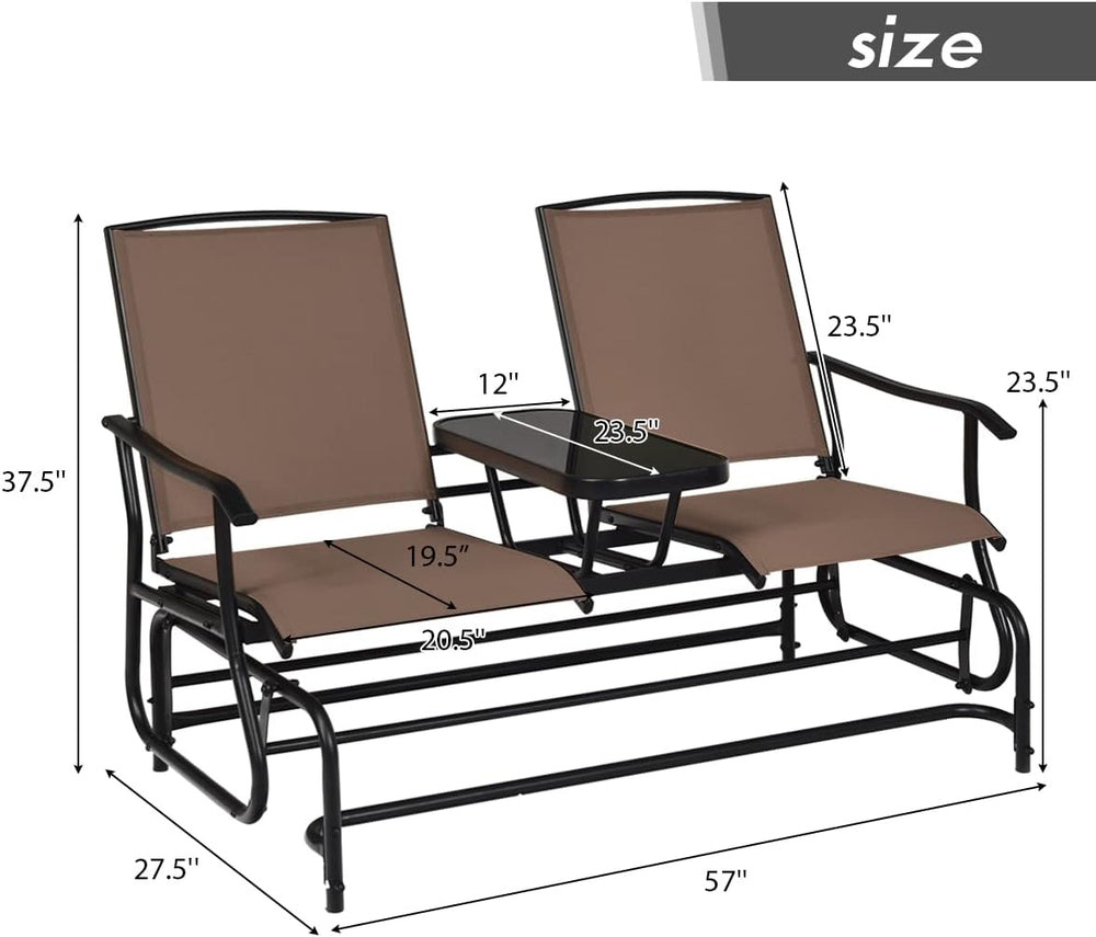 GIANTEX Patio Bench Glider Chair with Metal Frame, Center Tempered Glass Tabl...