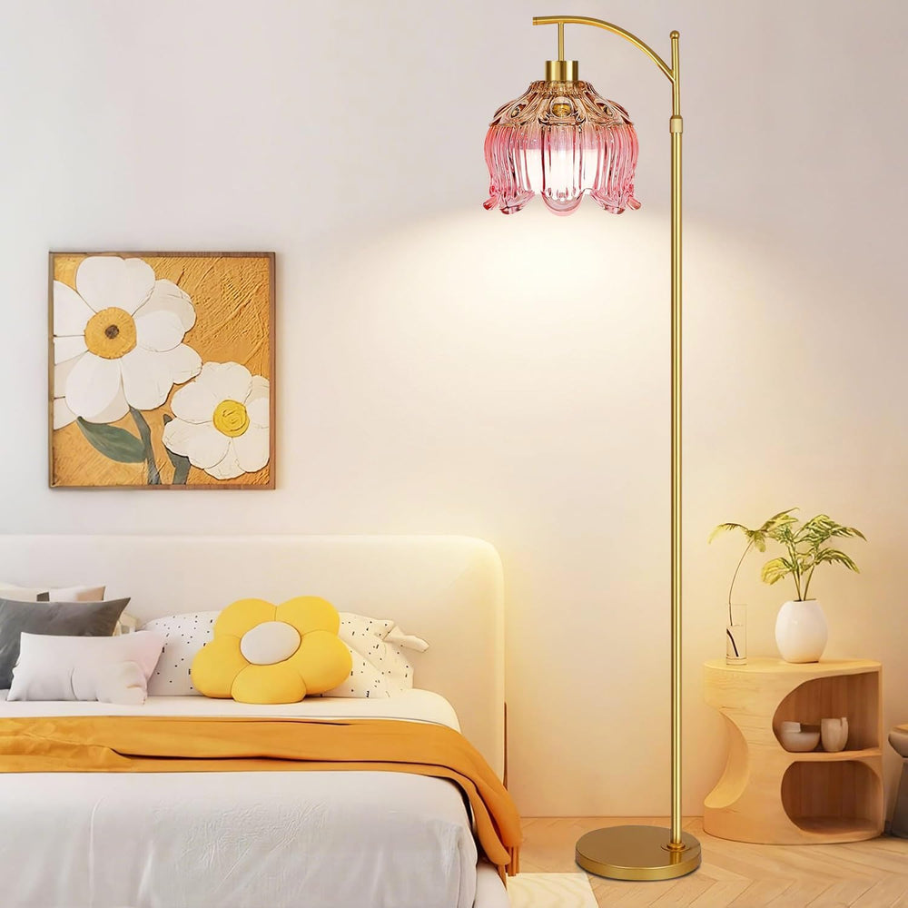 QIYIZM Pink Floor Lamp for Living Room,Bedroom,Glass Gold Dimmable Standing L...