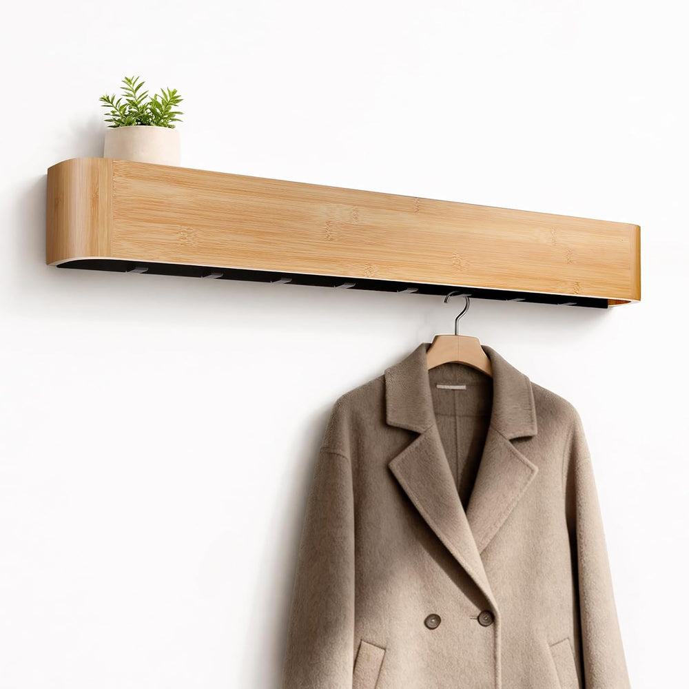 33" Bamboo Coat Rack Wall Mount, 8 Hidden Hooks, Family, Natural