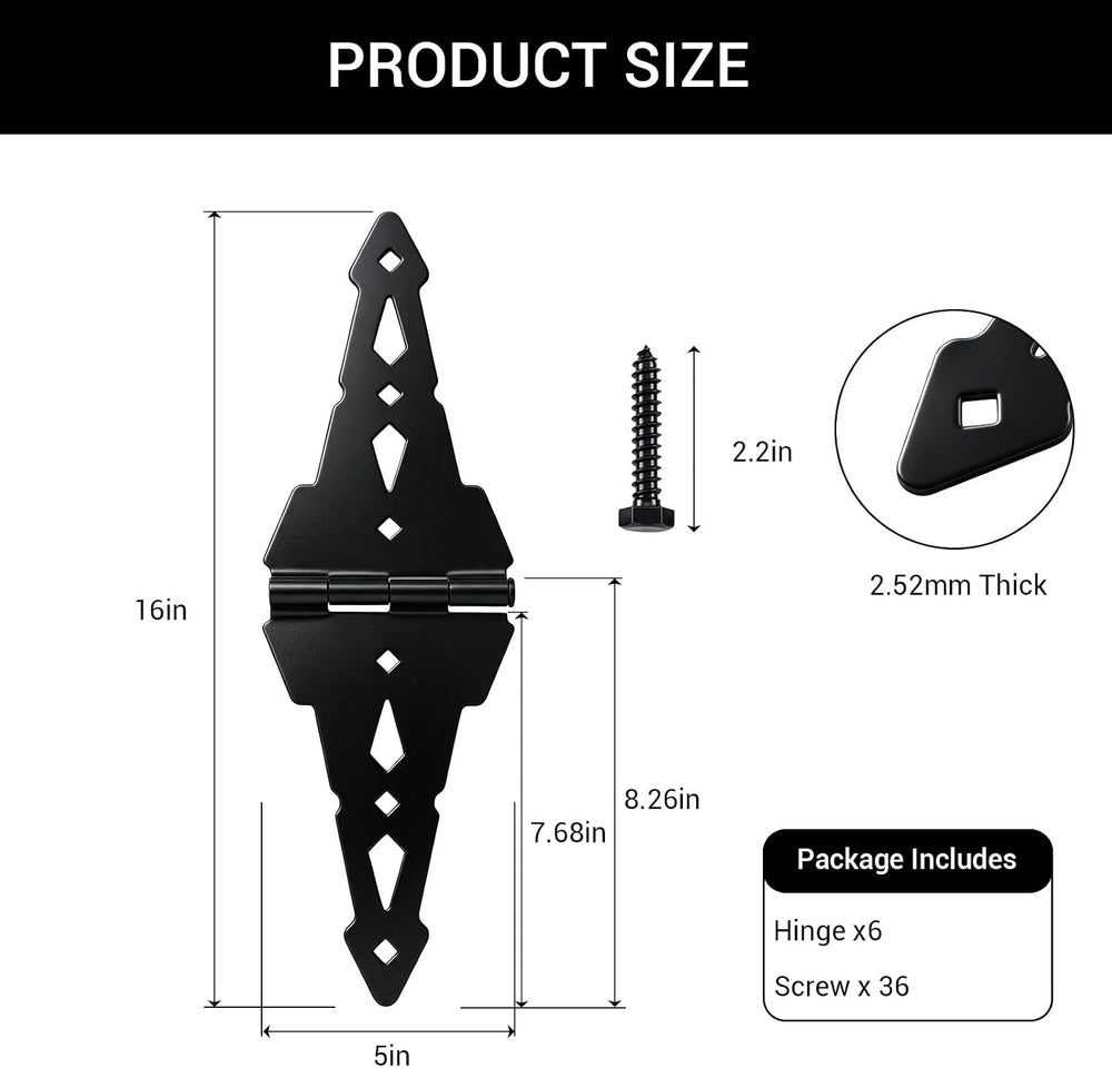 HOME MASTER HARDWARE 8" Heavy Duty Gate Hinges, 6 Pack Strap Hinges, Black
