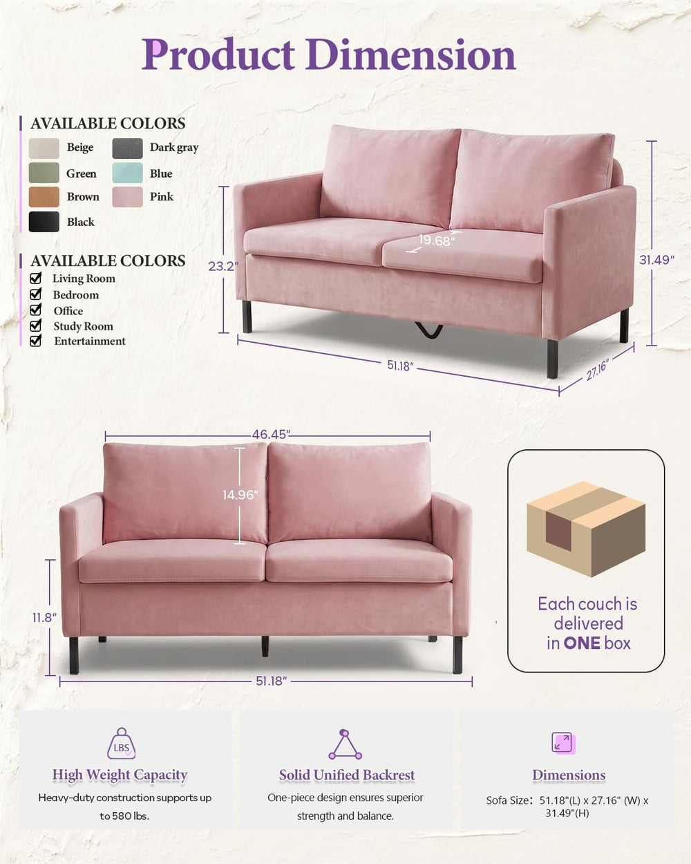 TYBOATLE 51'' Pink Small Couch Loveseat, 2-Seater Upholstered Sofa