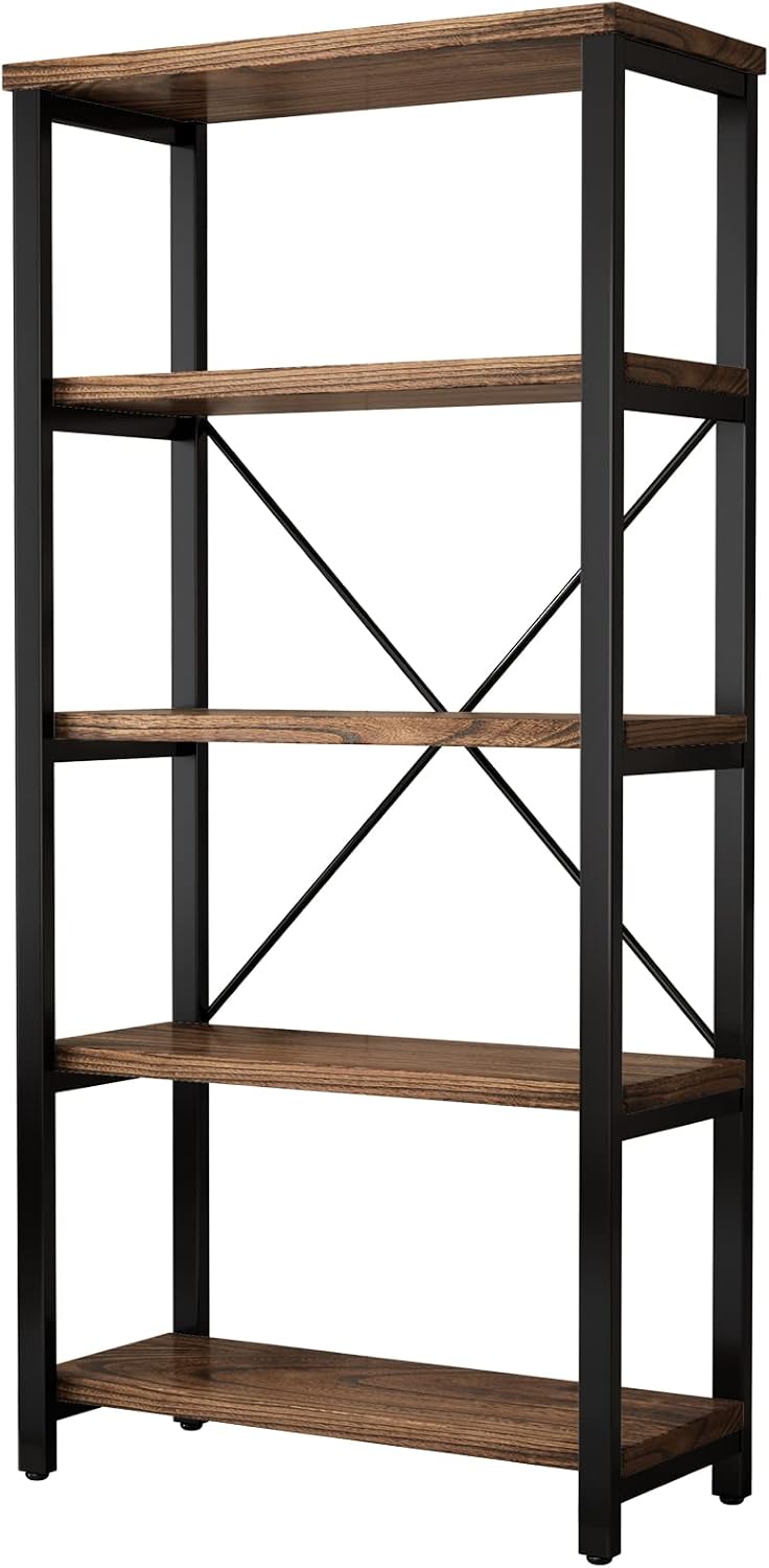 AY-AOYUAN 5-Tier Real Solid Wood Bookshelf, Industrial Metal Etagere