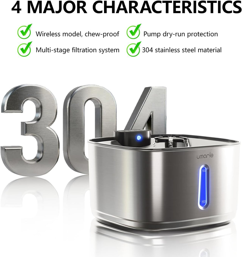 Automatic Cat Water Fountain, Wireless Pet Water Fountain Stainless Steel, Ul...