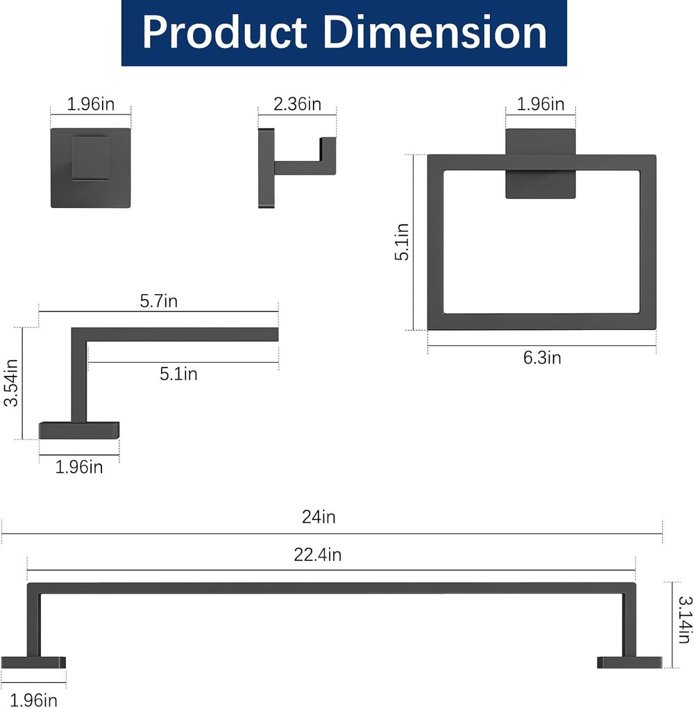 Gypie Bathroom Accessories Set Wall Mounted, 5-Piece 24In Matte Black