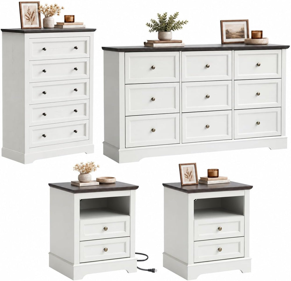 LOUVIXA Farmhouse Bedroom Sets of 4, Including 9 Drawer Dresser, 5 Drawer Dre...