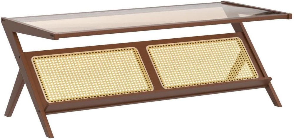 Bamworld Rattan Coffee Table with Glass Top Mid-Century Modern Center Table