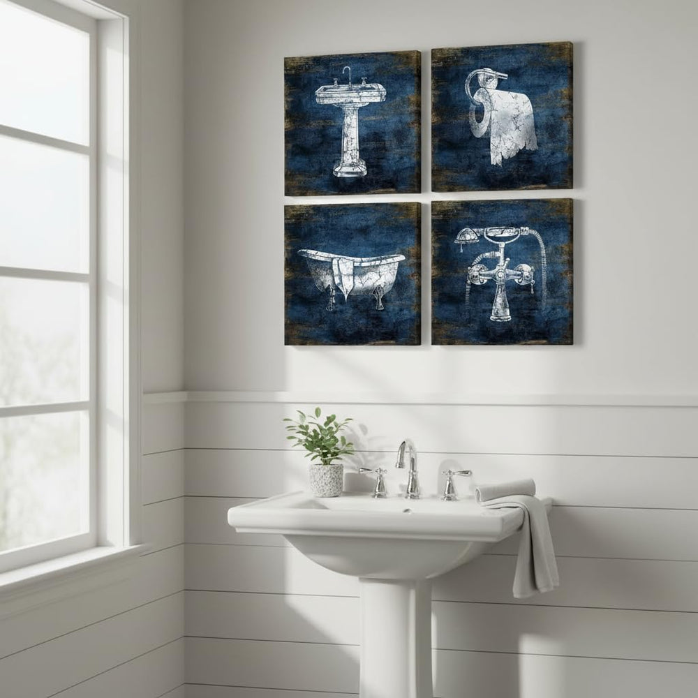KLVOS Blue Bathroom Decor Wall Art Framed Canvas Print Pictures 4 Pieces Abst...