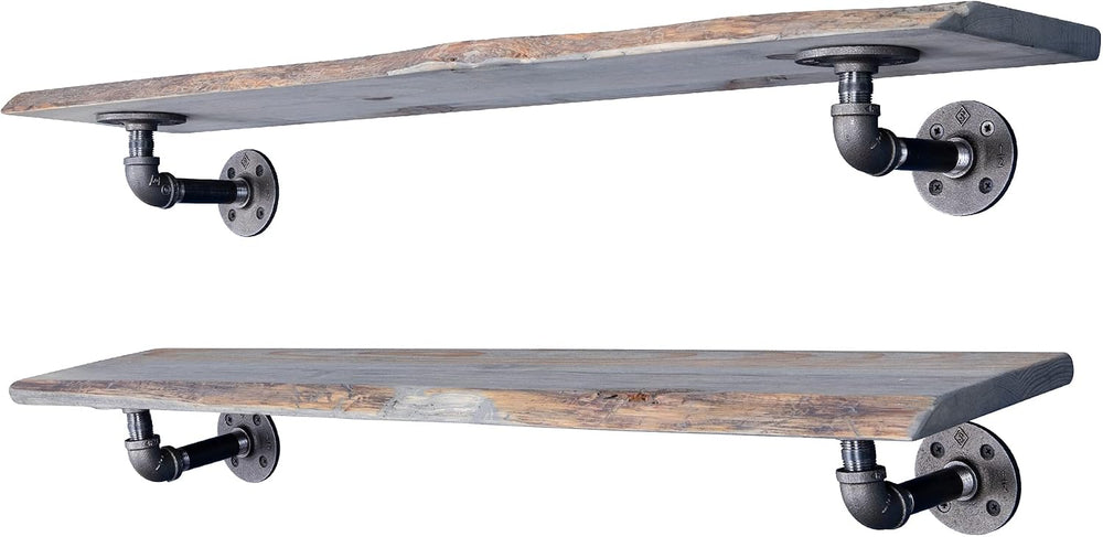 PIPE DECOR 36” Riverstone Grey Live Edge Wood Shelf with Industrial L-Shaped ...