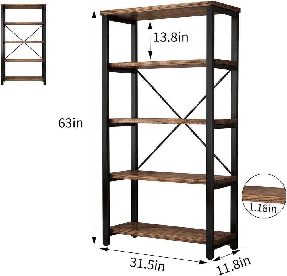 AY-AOYUAN 5-Tier Real Solid Wood Bookshelf, Industrial Metal Etagere