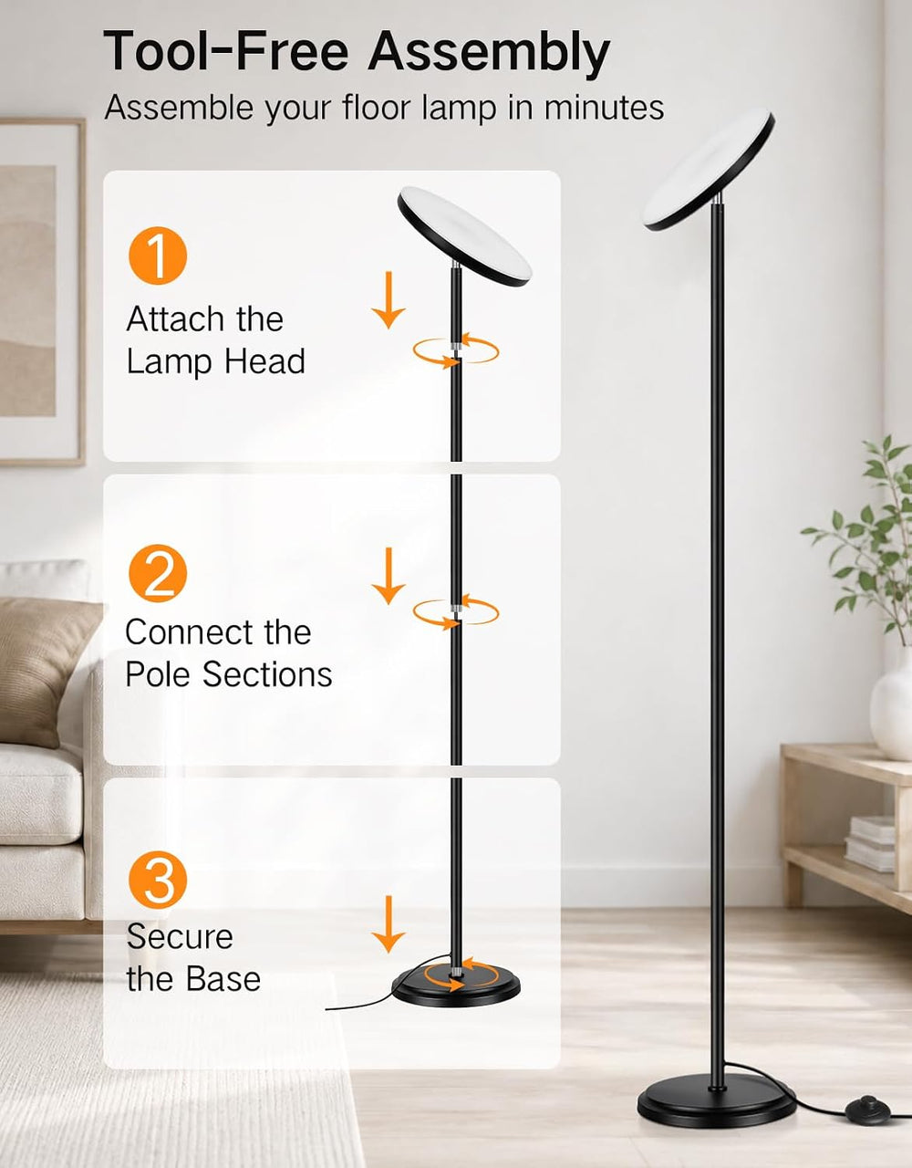 OUTON 69" LED Floor Lamp, Dimmable Torchiere Floor Lamp with Remote, Black