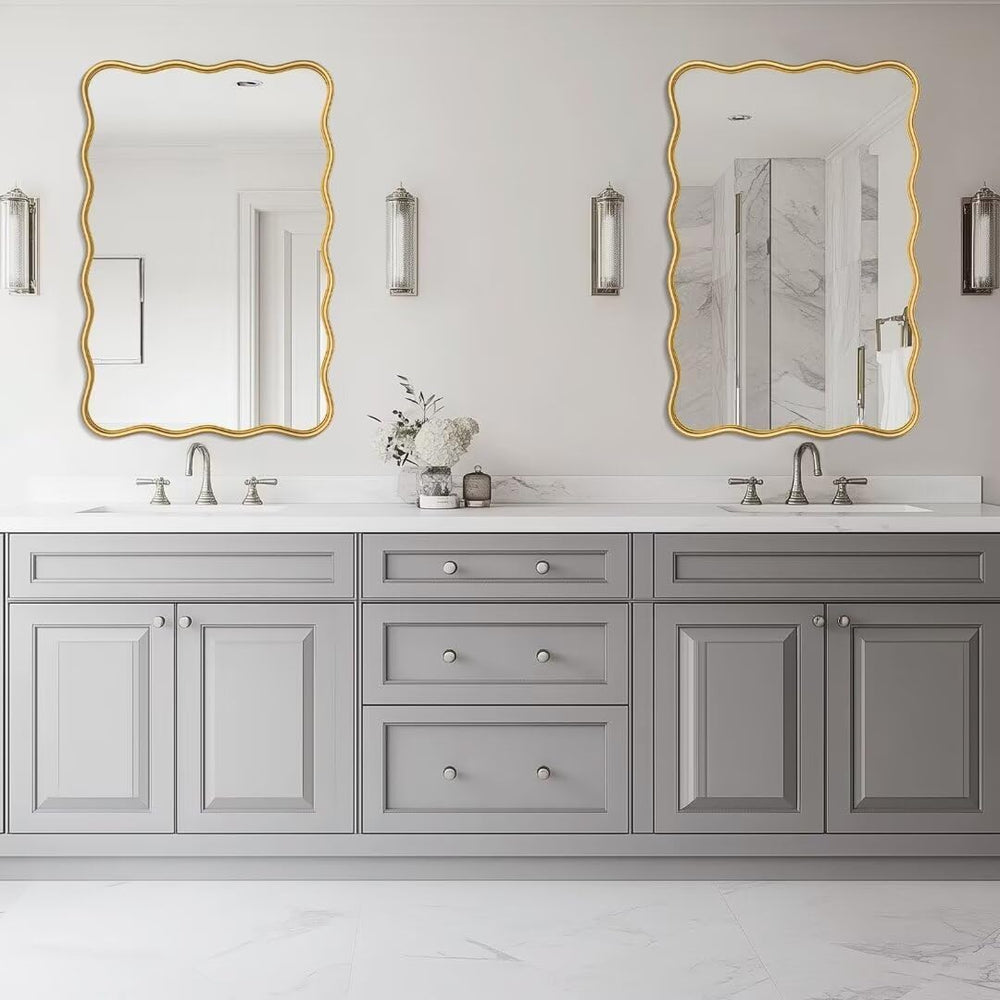PROHOMEWARE 24x36 Gold Wavy Irregular Bathroom Mirror, Wall-Mounted