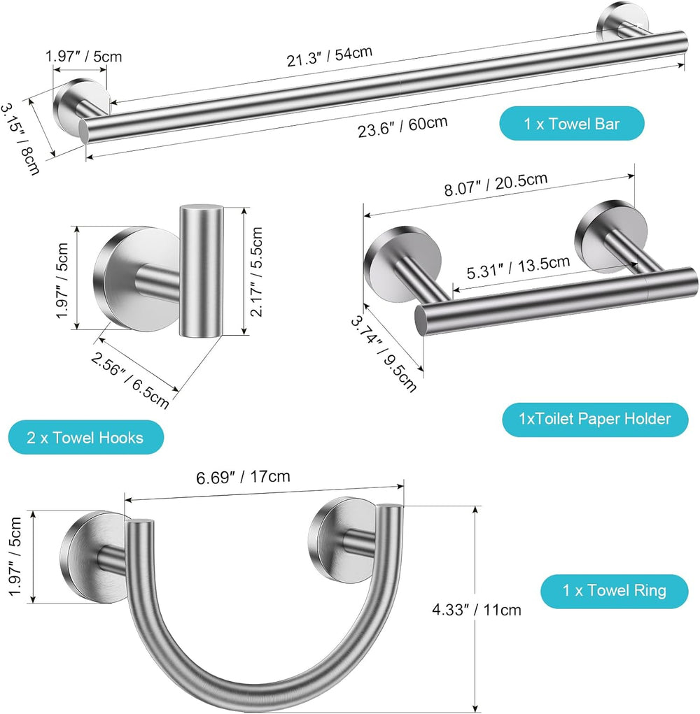 TURS 5-Pieces Brushed Nickel Bathroom Hardware Accessories Set 23.6inch SUS30...