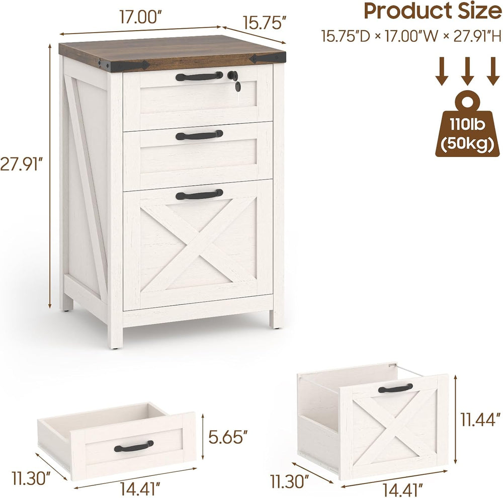 Farmhouse 3 Drawers File Cabinet with Lock for Home Office, Rustic White