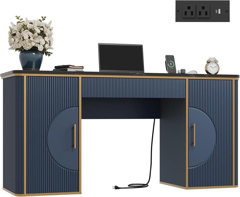 60" Fluted Computer Desk, Wooden Long Home Office Writing Desk with Draw...