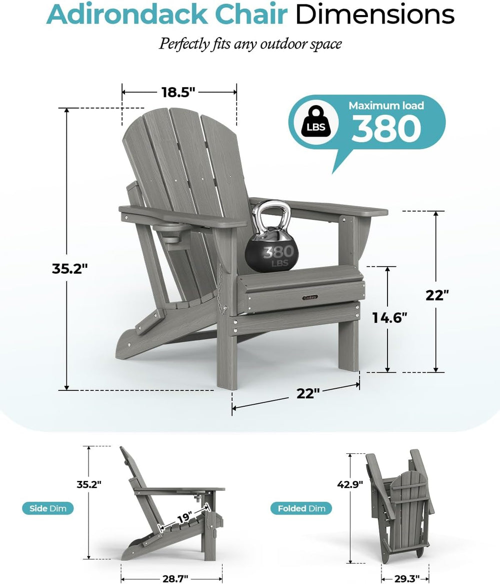Ciokea Folding Adirondack Chairs Set of 2 with Cup Holder, HDPE, Grey