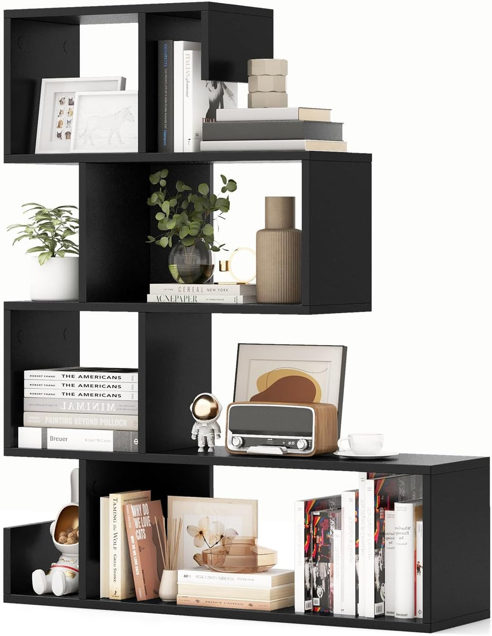 GIANTEX 5-Tier Geometric Bookshelf, S-Shaped Bookcase w/Open Cubes, Black