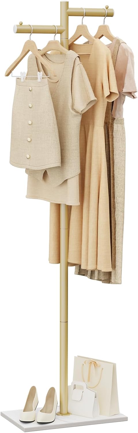 Modern Garment Rack,Z-Shaped Coat Stand with Rock Base,68.9in,Gold
