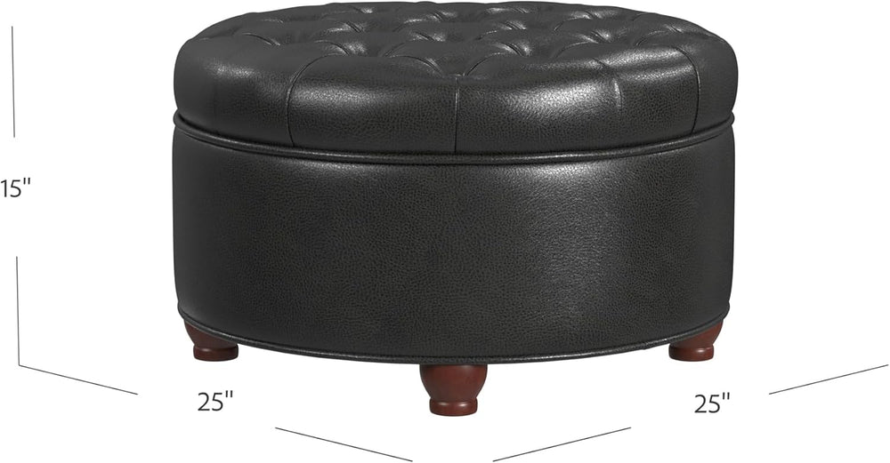 HomePop 25" Button Tufted Round Storage Ottoman - Black Faux Leather