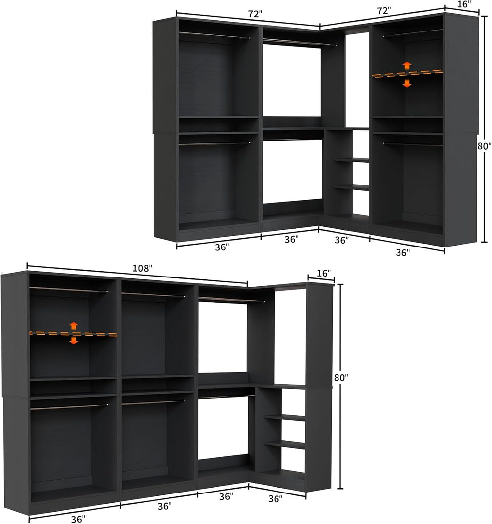 Unikito 108” Corner Closet System, 3-Piece L-Shaped Closet Organizer with 2 C...