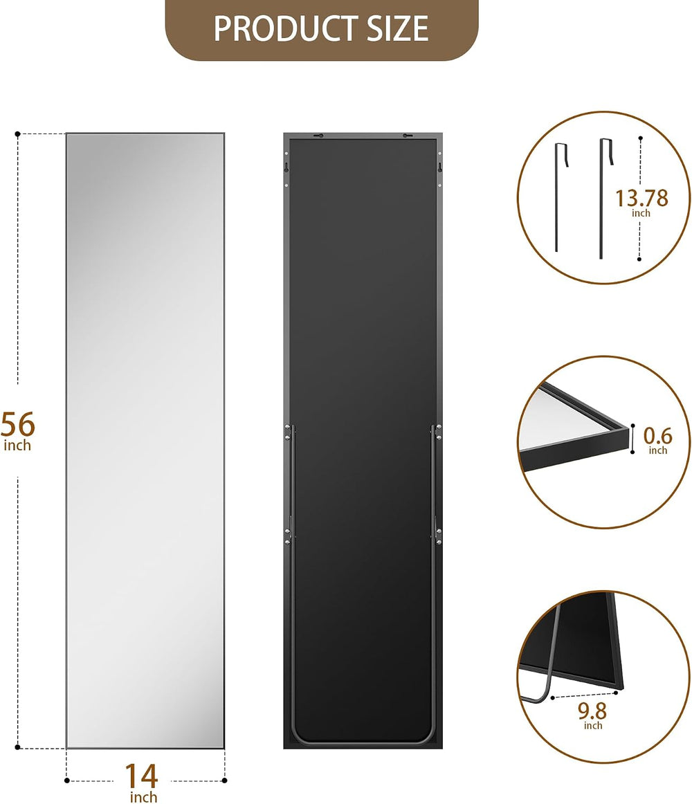 Antok Full Length Mirror, 56"x15" Floor Mirror with Stand, Black, Rect