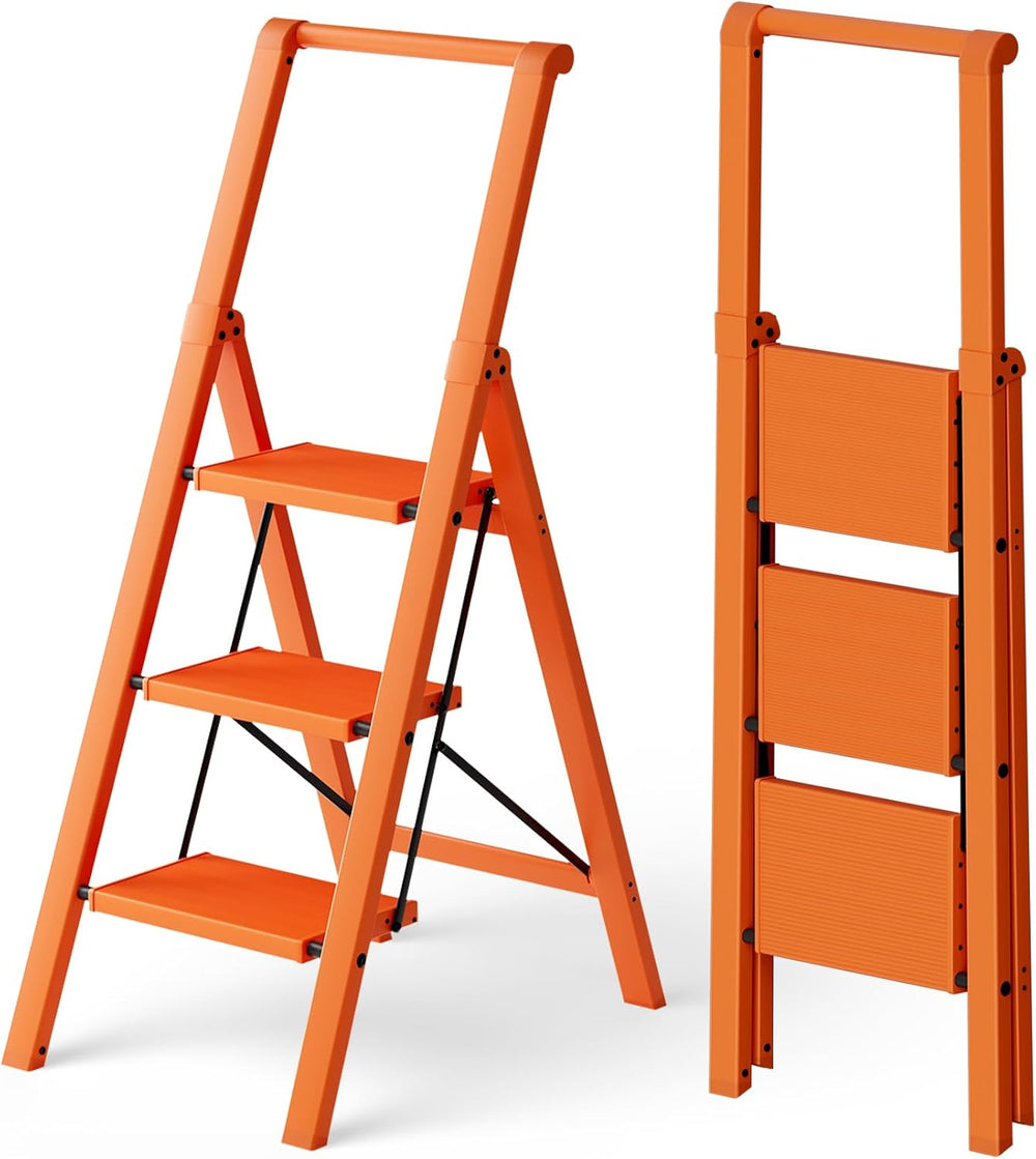 HillhutApex Aluminum 3 Step Ladder, Step Stool Foldable Ladder(Orange)