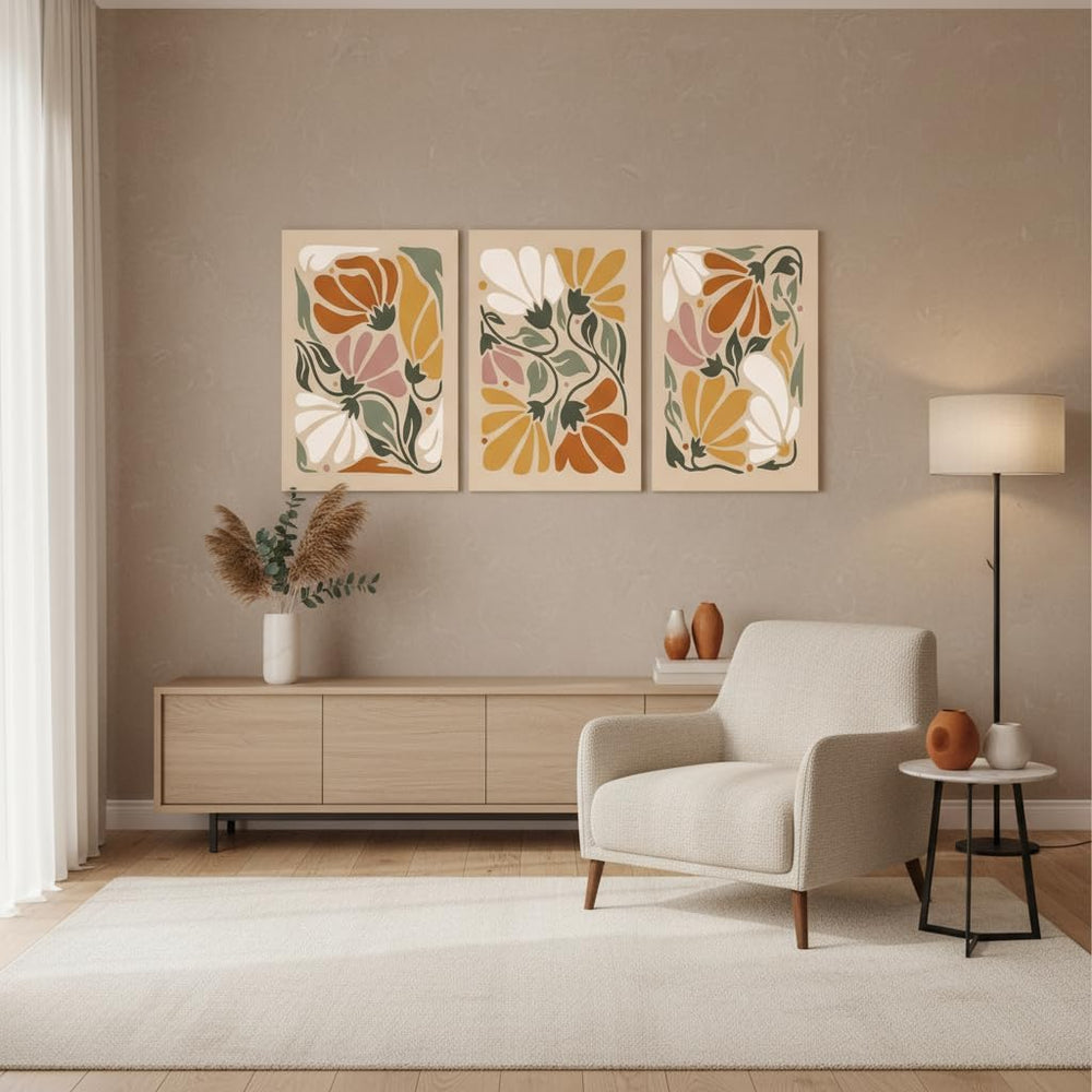 XIGBAWAN 3Pcs Boho Floral Canvas Wall Art, Abstract Flower Wall Decor