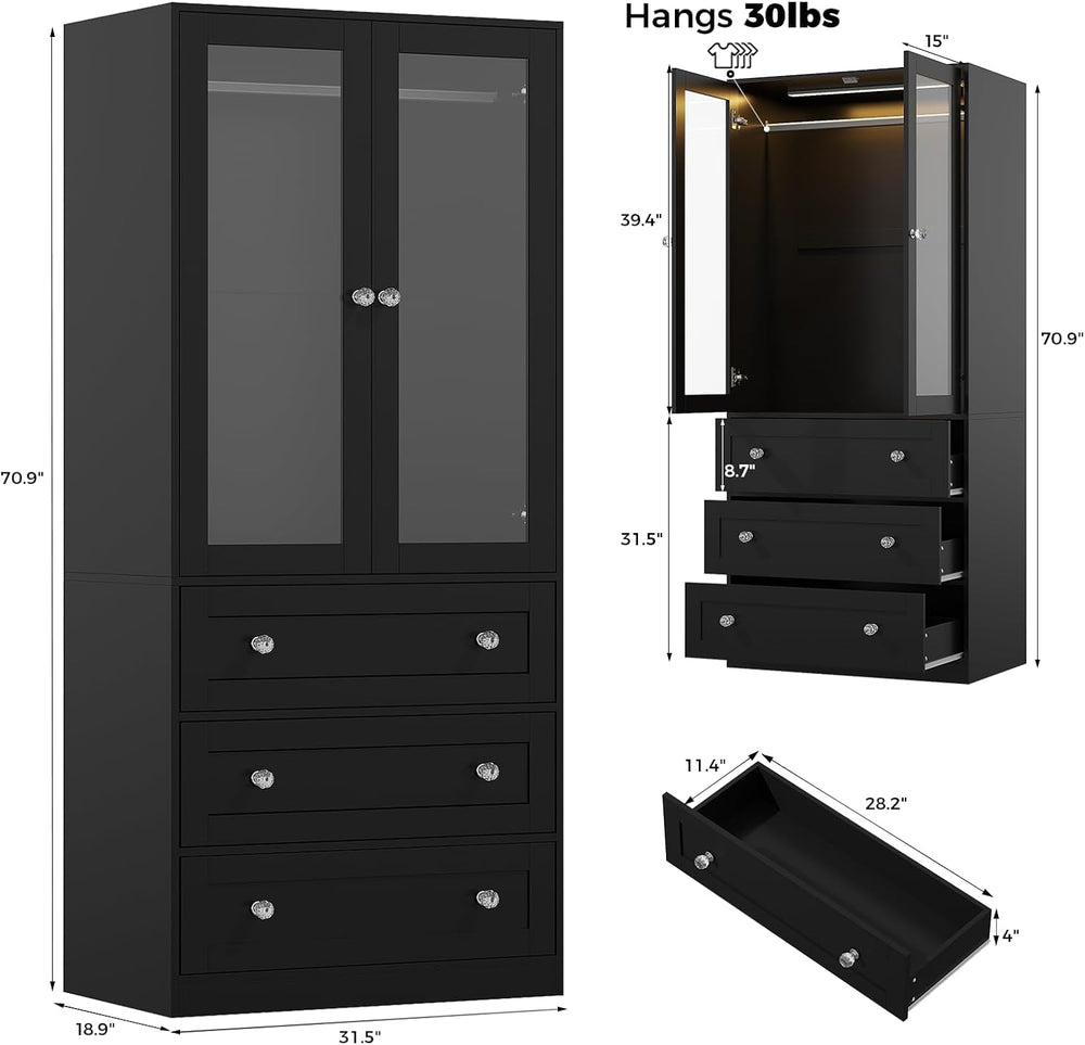 VOWNER 71" H Armoire Wardrobe Closet with Motion Sensor LED Light (Black)