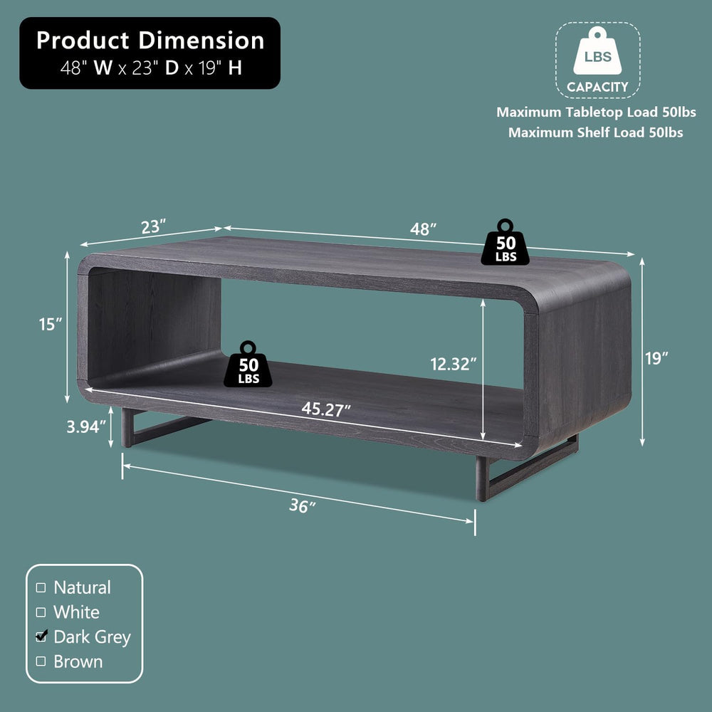 IFGET 48" Modern Coffee Table, 2-Tier Curved Center Table, Dark Grey