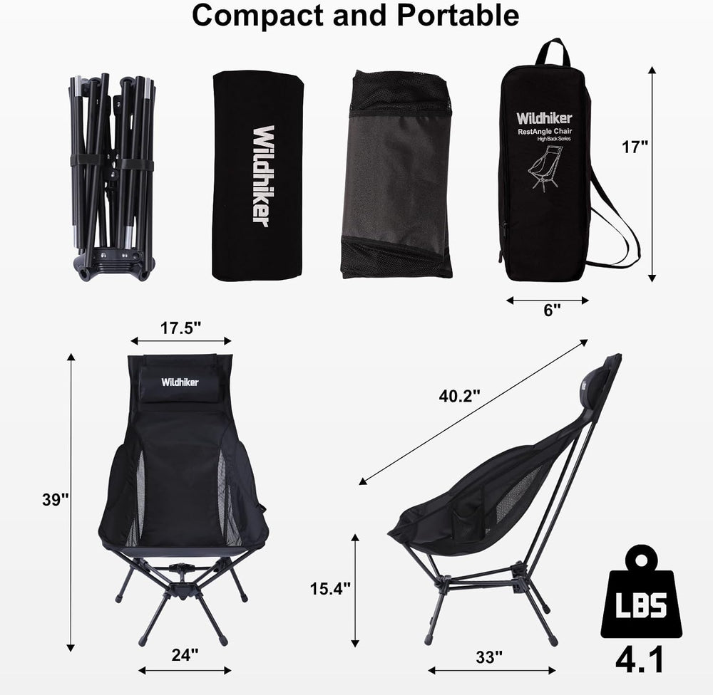 Wildhiker RestAngle High Back Folding Camping Chair, Lounge Comfort - Black