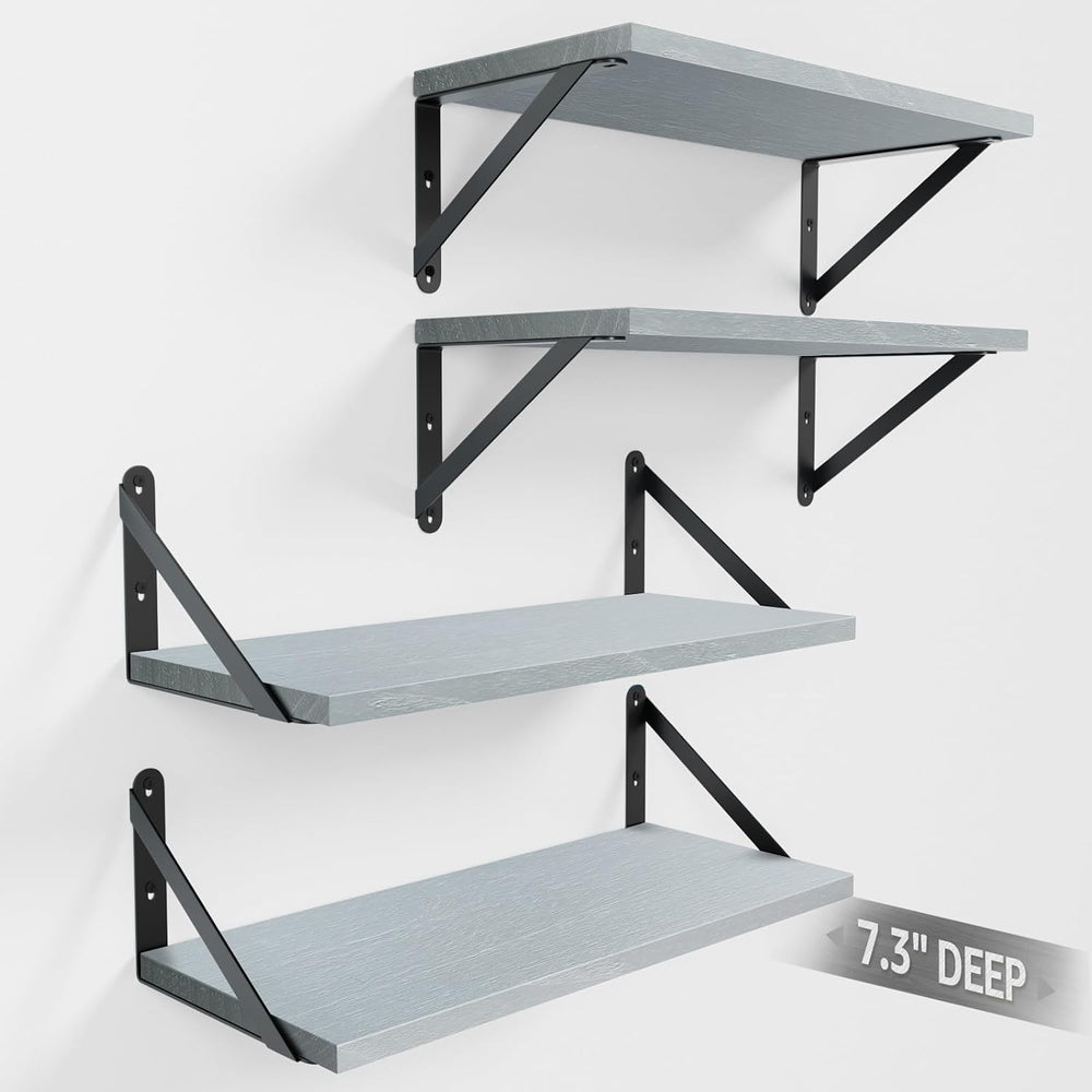 COCOYA Wall Shelves 7.3" Deep Solid Paulownia Wood (Grey, Set of 4)