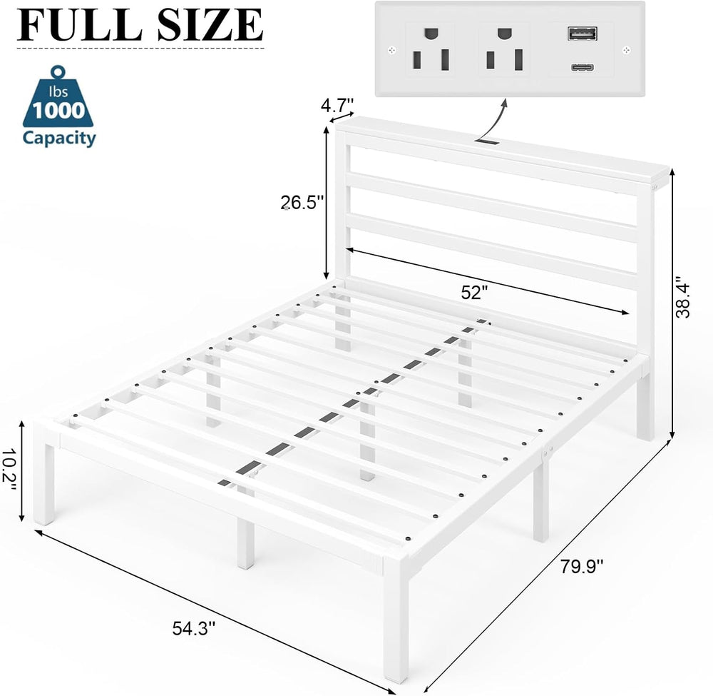 E-Motie Full Bed Frame, Storage Shelf and LED Lights Headboard, White
