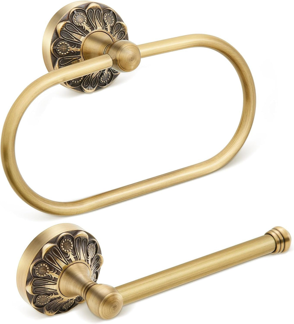 Antique Brass Toilet Paper Holder and Rectangle Hand Towel Ring Set