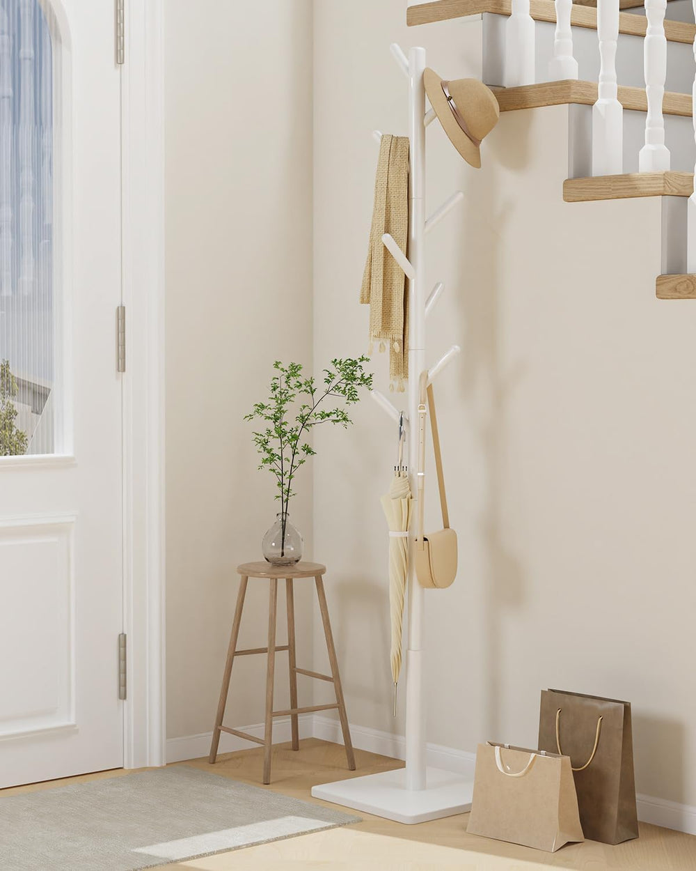 Yawinhe Coat Rack, Sturdy Woode Stand Tree with 8 Hooks,White