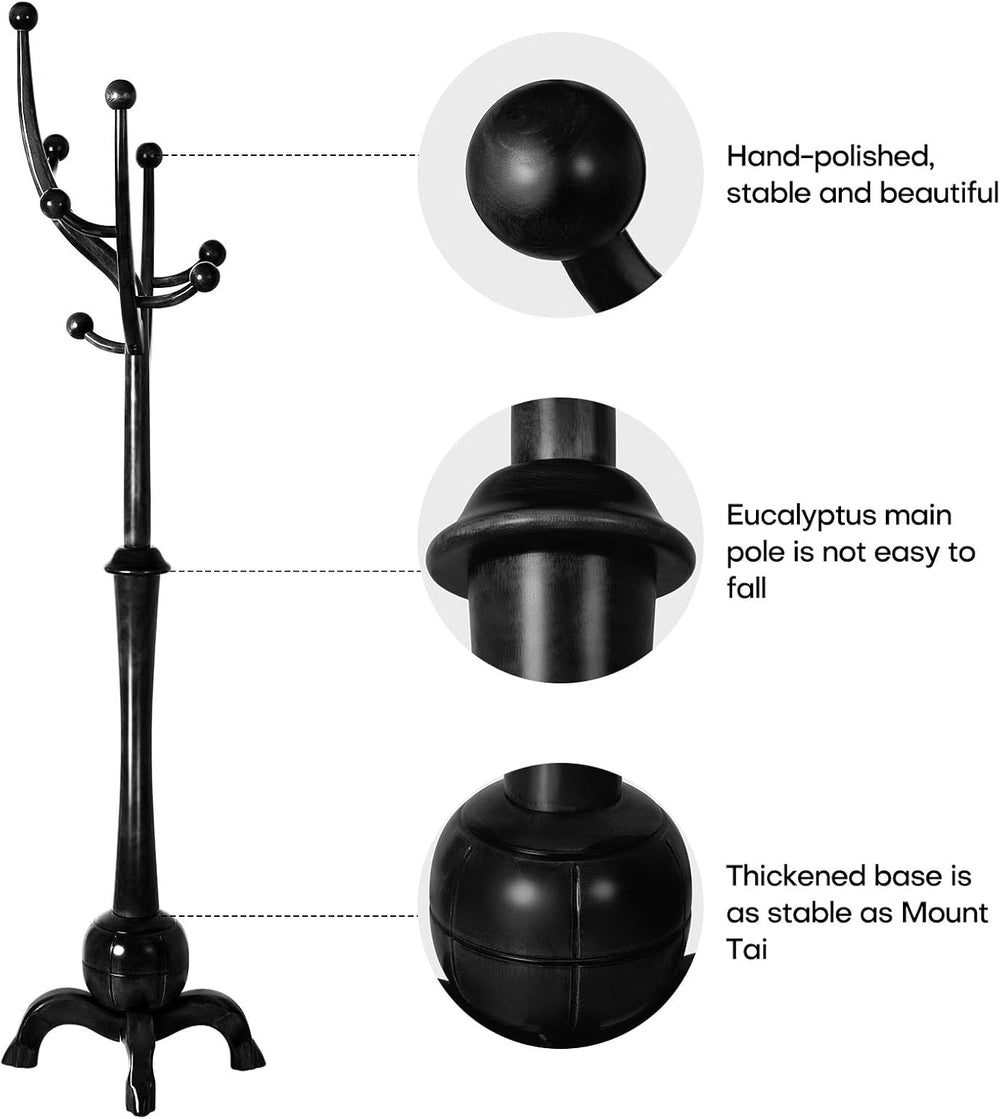Bekrvio Black Freestanding Wood Coat Rack with 8 Hooks
