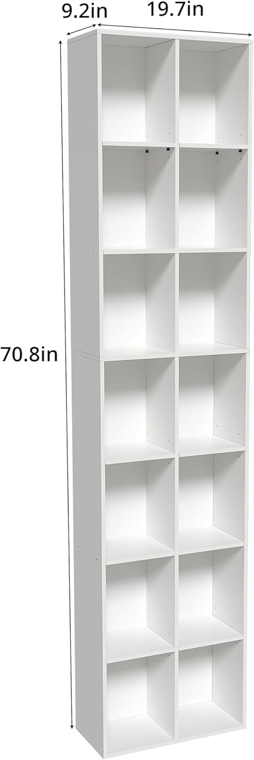 71" Tall Shallow Bookcase DVD Storage Shelf, 14 Cubes 7 Tier Narrow Wide...