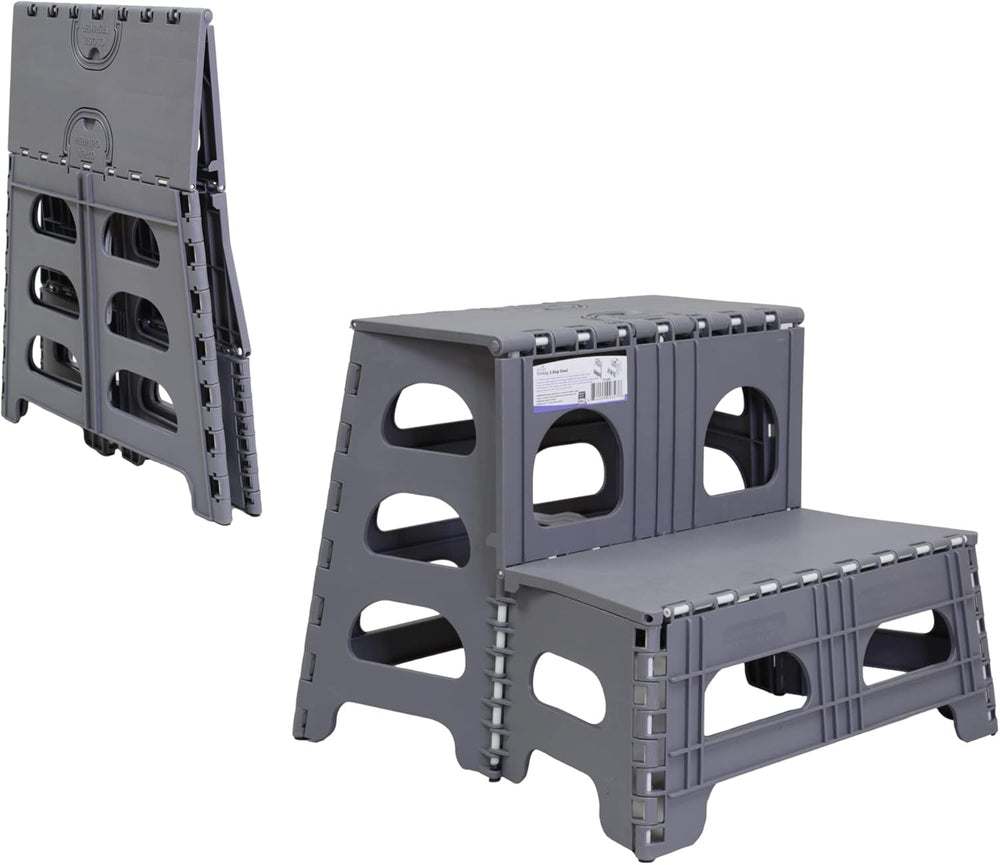 Bee Neat Foldable Step Stool, Non-Slip, Wide Stairs, Supports 200lbs, Gray
