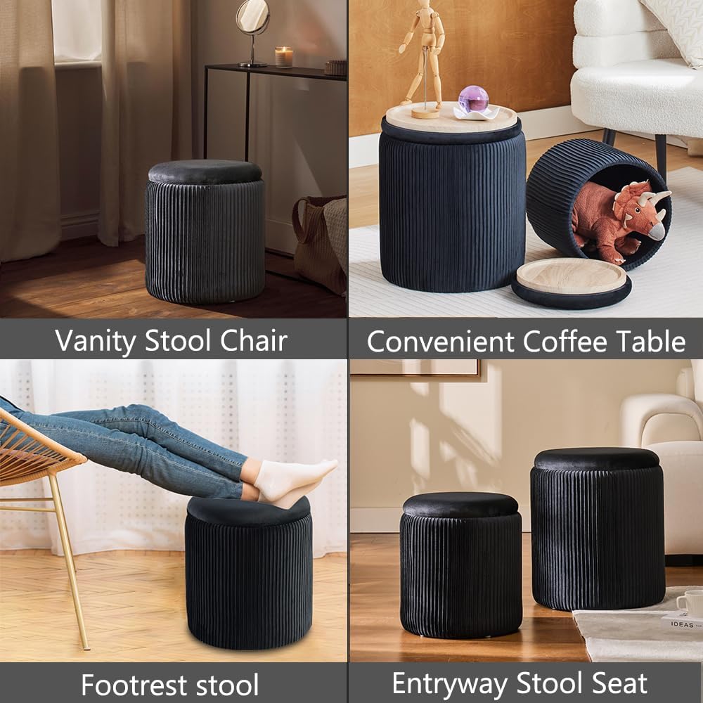BLEXA Round Storage Ottoman, Set of 2, Velvet Vanity Stool, Black