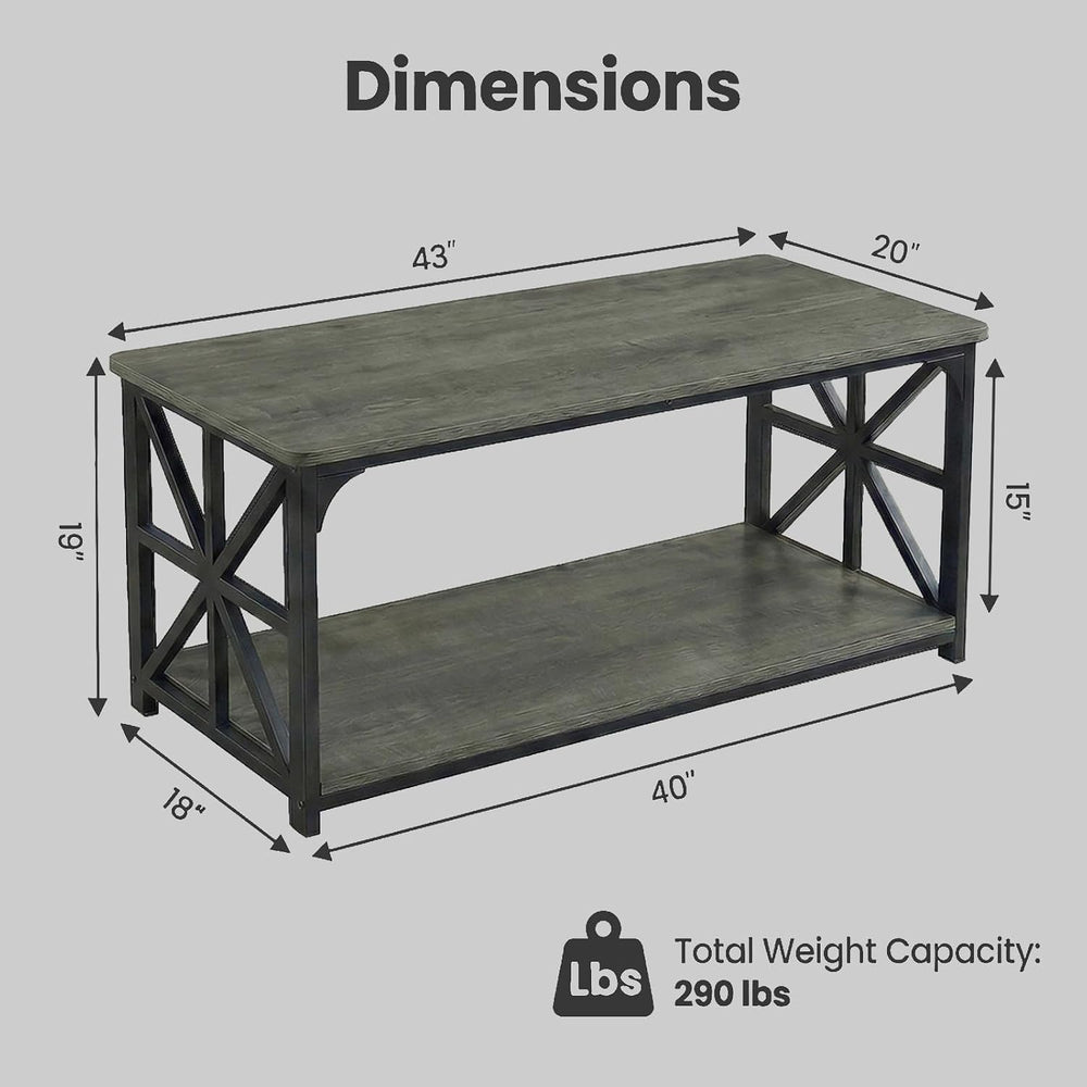 COSTWAY 43" 2-Tier Industrial Coffee Table with Storage, Grey Oak+Black