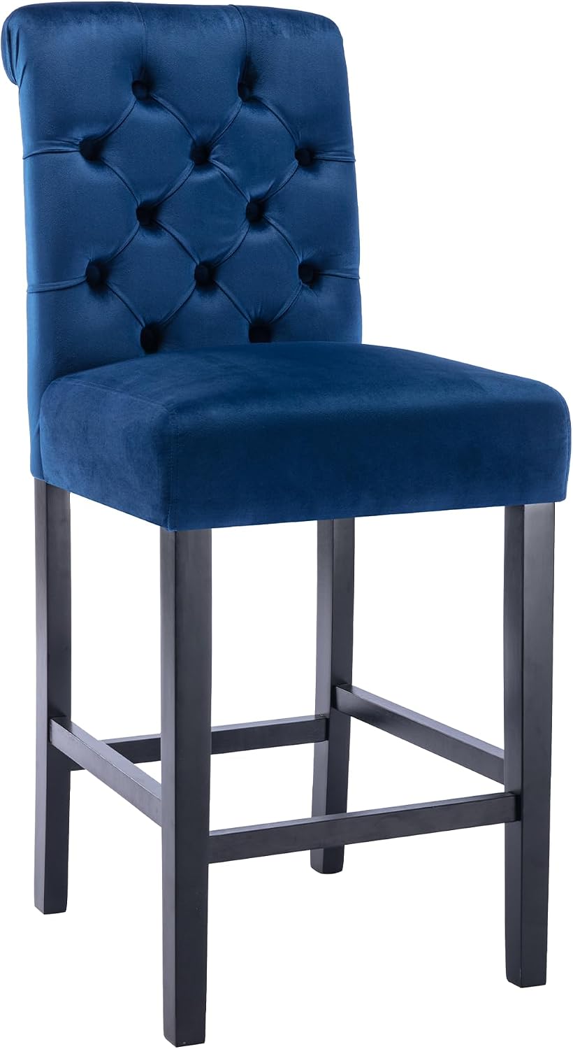 26" Button Tufted Bar Stools Set of 2 Velvet Upholstery, Blue