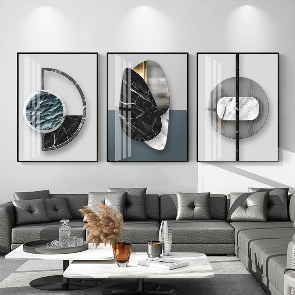 QKF 3Pcs Abstract Marble Geometric Crystal Surface Framed Canvas Wall Art