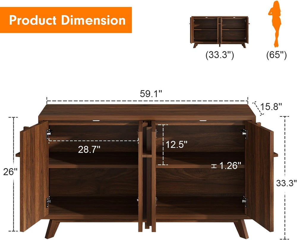 knoworld 59" Sideboard Buffet Cabinet with Storage, Modern Credenza, Brown