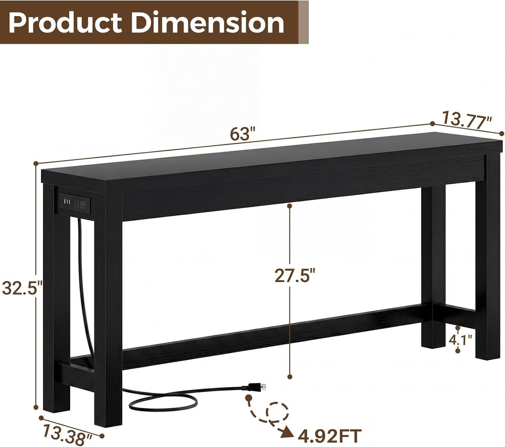 Cyclysio 63" Console Table with 2 AC Outlets & 3 USB Ports, Black
