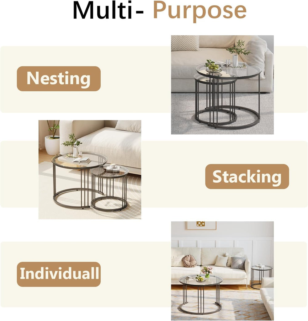 Garden 4 you Nesting Coffee Table, 23.6" Round Coffee Table Set of 2, Gl...