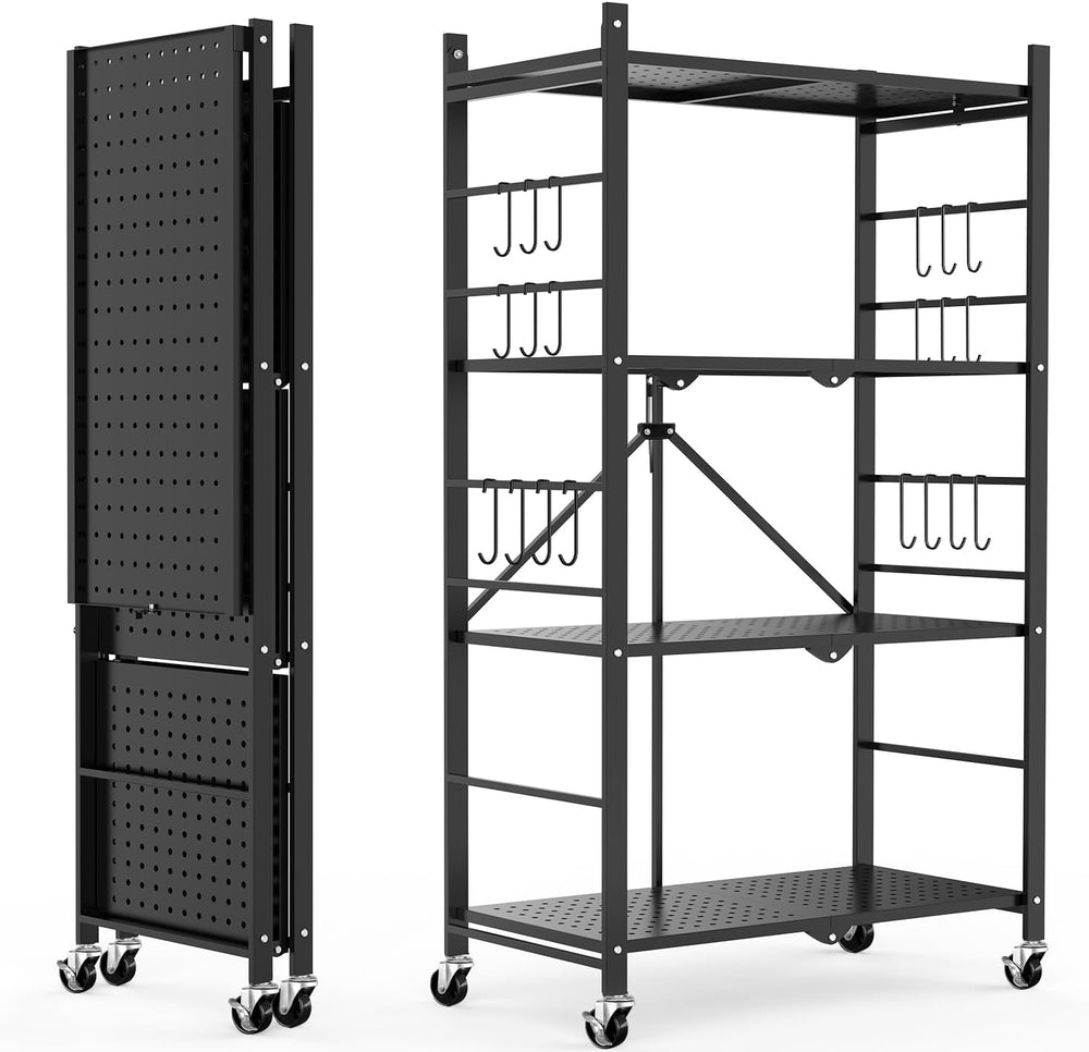 Himix 4-Tier Foldable Storage Shelf with Wheels 20 Hooks Black No Assembly